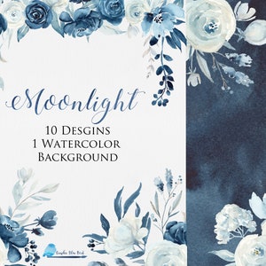 Navy Blue and White Floral Bouquets,Blue Flowers Watercolor Clip Art, Moonlight Collection, Wedding Invitations
