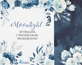 Navy Blue and White Floral Bouquets,Blue Flowers Watercolor Clip Art, Moonlight Collection, Wedding Invitations