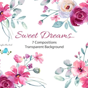Fleurs roses et bourguignons Aquarelle Clip Art Floral Designs Set, Bourgogne Mariage, Motifs Floraux Peints à la main Fleurs Invitations de mariage