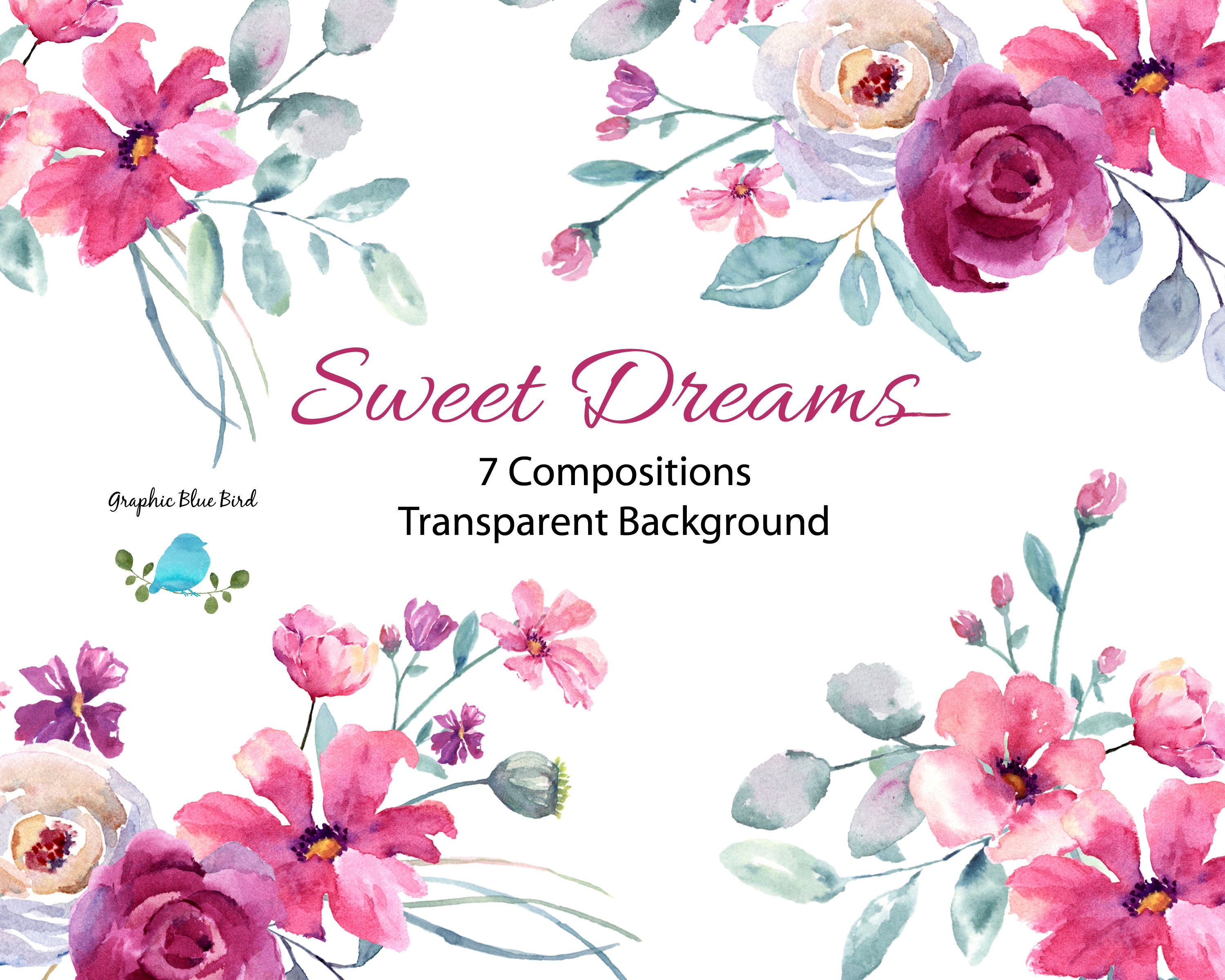 Pink and Burgundy Flowers Watercolor Clip Art Floral Designs | Etsy