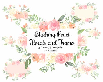 Cadres floraux et fleurs, Collection d’aquarelles florales pêche et crème, Roses et pivoines Blush, Rose, Fleurs de pêche, Invitations DIY