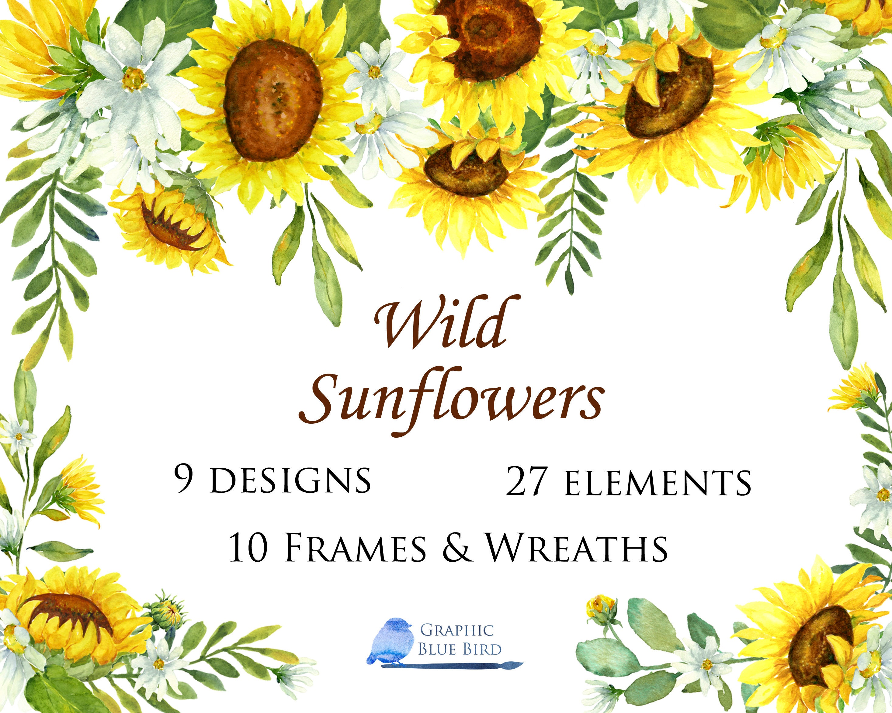 Download Large Bundle Wild Sunflowers Watercolor Clip Art Sunflower Etsy
