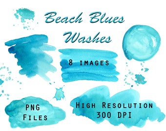 Fun Beach Blues Watercolor Washes and Textures, Watercolor Splotches and Splashes in Turquoise Blue, PNG images, Abstract Background Shapes