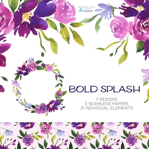 Könnte beinhalten: Aquarell-Blumen-Clipart mit lila und rosa Blüten und grünen Blättern. Das Clipart enthält 7 Designs, 3 nahtlose Papiere und 31 einzelne Elemente. Der Text "BOLD SPLASH" wird in der Mitte des Bildes angezeigt.
