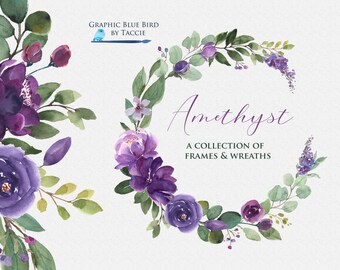 May include: Watercolor illustrations of purple flowers and greenery arranged in a wreath and a bouquet. The text "Amethyst" and "A collection of frames & wreaths" is displayed below the wreath.