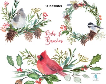 Winter Designs with Birds, Christmas Illustrations with Cardinals, Winter Greenery and Birds, Watercolor Clipart, Woodland Christmas Designs