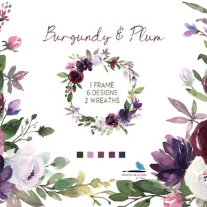 Aquarelle Clipart Bourgogne et Fleurs de Prune comprend des couronnes de fleurs, un cadre floral, des images PNG pour les invitations de mariage, des fleurs violettes