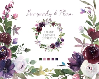 Watercolor Clipart Burgundy and Plum Flowers  includes floral wreaths, floral frame, PNG images for wedding invitations, Purple flowers