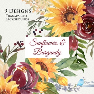 Motifs de tournesols et de fleurs de Bourgogne, Aquarelle Tournesols avec Bourgogne, Roses & Pivoines, Goutte florale, Rose blanche, Mariage tournesol