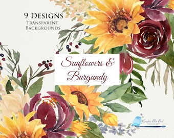 Sunflowers and Burgundy  Flowers  Designs,  Watercolor Sunflowers with Burgundy, Roses & Peonies, Floral Drop, White Rose, Sunflower Wedding