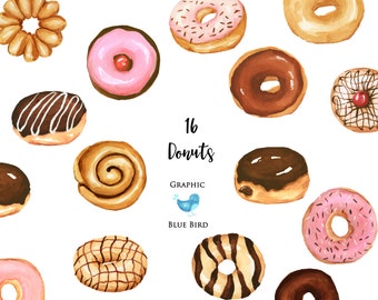 Watercolor Donuts Clip Art Set, Set of 16 Donuts, Bakery Clip Art, Chocolate Donuts,  Sticky Bun, French Cruller