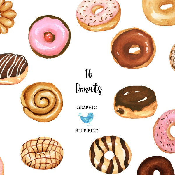 Watercolor Donuts Clip Art Set, Set of 16 Donuts, Bakery Clip Art, Chocolate Donuts,  Sticky Bun, French Cruller