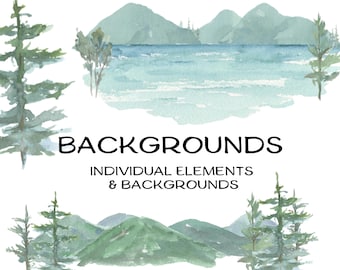 Watercolor Backgrounds of Mountain Lake, Watercolor Background of Mountain with Pine Trees, Mountain, Pine Tree, Lake Individual Elements
