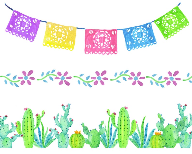 Fiesta Clip Art Kit, Picado banner, Pinata, Guitar, Mexican Flowers, Latino Party Designs, Watercolor Clip Art, Cactus, Frames & Borders image 9