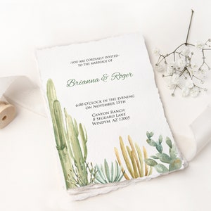 May include: A wedding invitation with a desert theme. The invitation features a watercolour illustration of cacti and succulents in shades of green and yellow. The text reads "You are cordially invited to the marriage of Brianna & Roger 6:00 o'clock in the evening on November 15th Canyon Ranch 8 Seguaro Lane Windym. AZ 12005"