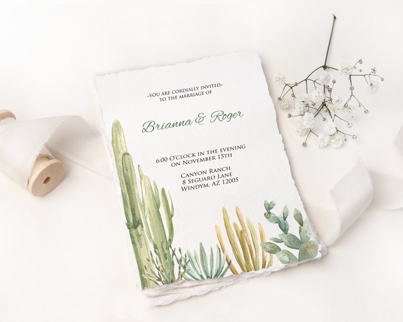 May include: A wedding invitation with a desert theme. The invitation features a watercolour illustration of cacti and succulents in shades of green and yellow. The text reads "You are cordially invited to the marriage of Brianna & Roger 6:00 o'clock in the evening on November 15th Canyon Ranch 8 Seguaro Lane Windym. AZ 12005"