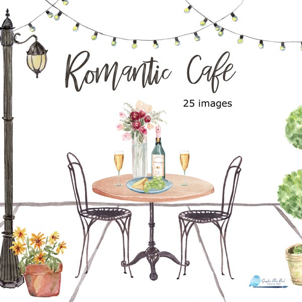 Romantic Cafe, Outdoor Bistro with champagne, table, chairs, croissant, grapes, coffee, string lights, lampost, Garden Shower or Wedding