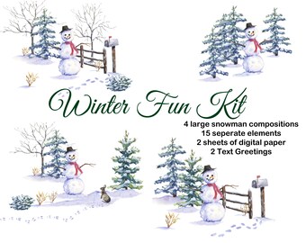 Christmas watercolor clipart hand painted: Snowman, pine trees, rabbit, fence, mailbox, snow, pine trees, winter scene