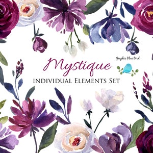 Aquarelle Clip Art Éléments individuels Fleurs violettes, prunes et bourgognes pour les invitations de mariage aux couleurs d’automne et d’hiver