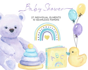 Baby Shower Watercolor Clipart with matching seamless papers, Shower Games, Turquoise Blue, Purple and Yellow,  Gender Neutral Baby Shower