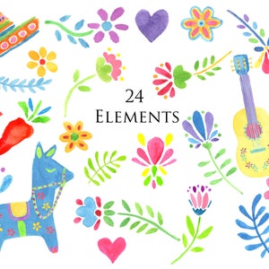 Fiesta Clip Art Kit, Picado banner, Pinata, Guitar, Mexican Flowers, Latino Party Designs, Watercolor Clip Art, Cactus, Frames & Borders image 2