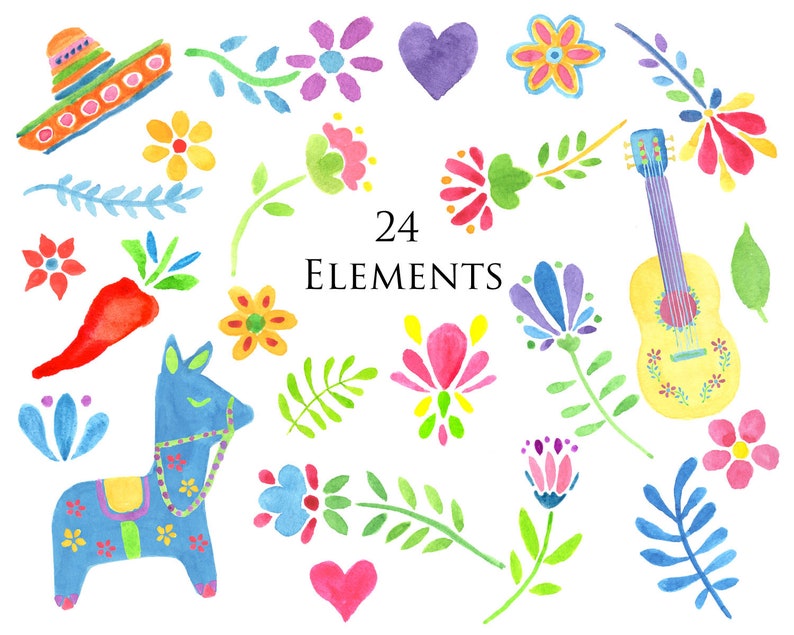Fiesta Clip Art Kit, Picado banner, Pinata, Guitar, Mexican Flowers, Latino Party Designs, Watercolor Clip Art, Cactus, Frames & Borders image 2