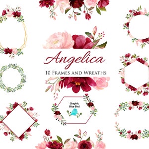 Cadres et couronnes blush et bourgogne, cadres floraux, cadres en cristal, bordures, collection d’images clipart à l’aquarelle, invitations de mariage et de douche