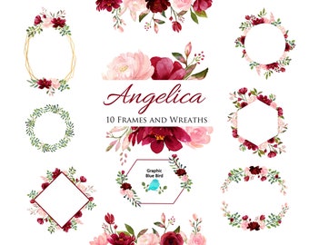 Blush and  Burgundy Frames and Wreaths, Floral Frames, Crystal Frames, Borders, Watercolor Clip Art Collection, Wedding & Shower Invitations