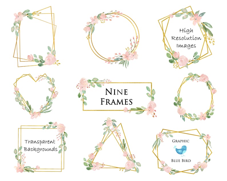 Pink and Gold Floral Frames Geometric Gold Frames With Blush Etsy