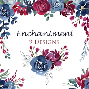 Aquarelle Marine et Bourgogne Clip Art Floral Designs, 9 Designs Composés pour Invitations de Mariage, Fleurs Bleu Marine, Fleurs De Bourgogne