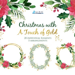 May include: A watercolour illustration featuring Christmas elements. It includes red poinsettias, green foliage, and gold detailing. The image has wreaths and arrangements, with the text "Christmas with A Touch of Gold".