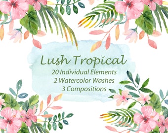 Tropical Watercolor Clip Art, Watercolor Tropical Leaves, Wreaths & Frames, Pink Coral Flowers, Beach Wedding, Palm leaves