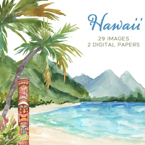 Hawaii, Tropical Beach Backgrounds, Beach, Sand and Palm Trees, Surfing, Tropical Flowers, Ocean Wave, Guitar