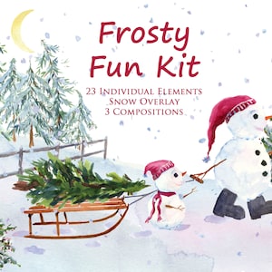 Snowman Fun Kit, Includes individual elements: snowmen, vintage sled, pine trees, snow overlay, Christmas tree, snow textures, trees, holly
