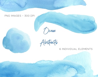 Blue Ocean Beach Watercolor Washes and Textures, PNG images, Abstract Watercolor Background Shapes
