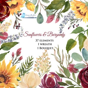 Sonnenblumen & Weinrote Blumen, Einzelelemente, Aquarell Sonnenblumen, Weinrote Blumen, weiße Rose, Sonnenblumenkranz