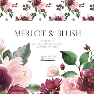 Bouquets fardus à joues et Bourgogne, couronnes, pivoines et roses Collection d’aquarelles clipart, invitations de mariage et de douche