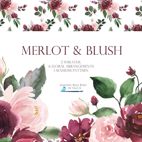 Blush and  Burgundy Bouquets, Wreaths, Peonies and Roses Watercolor Clip Art Collection, Wedding & Shower Invitations