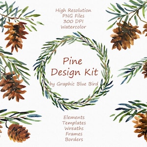 Pine Winter Design Kit bevat dennenkransen, frames, randen, dennenappels, dennenrand, aquareltexturen, kerstkaartsjablonen