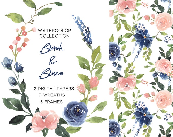 Blush Pink & Navy Blue Floral Clipart Frame Spring Wreath Border ...