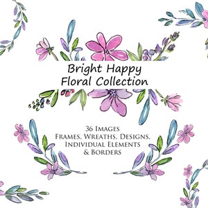 Fröhliche Aquarell Blumen, Kränze, Rahmen, Bordüren, individuelle Elemente, moderne helle Aquarell und Tinte Clipart für DIY Karten