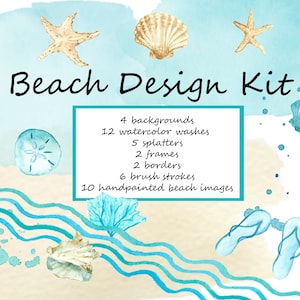 Kit de elementos de diseño de azules de playa: lavados de fondo de acuarela, bordes, salpicaduras de acuarela, manchas y salpicaduras, conchas marinas, estrellas de mar