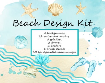 Beach Blues Design Elements Kit: Watercolor Background  Washes, Borders, Watercolor Splashes, Splotches and Splatters, Sea Shells, Starfish