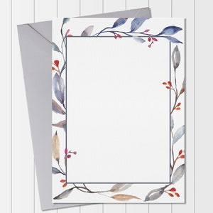 May include: A white card with a blue frame and a watercolor border of blue, brown, and red leaves. The border is around the edge of the card.