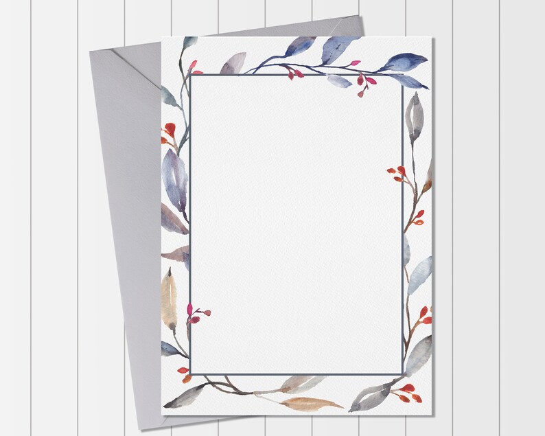 May include: A white card with a blue frame and a watercolor border of blue, brown, and red leaves. The border is around the edge of the card.