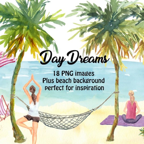 Watercolor Beach Yoga Set:  Palm trees, Umbrella, Yoga girls, Hammock, Beach background, Flip Flops, Sand, Water bottle,