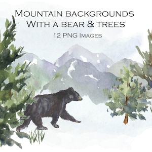 Aquarelle de fond de montagnes, pins et ours brun, Shenandoah Mountain Life, Clipart montagne, randonnée,