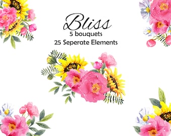 May include: Watercolor illustration of five bouquets of pink peonies and yellow sunflowers with green leaves. The text "Bliss 5 bouquets 25 Seperate Elements" is written in black.