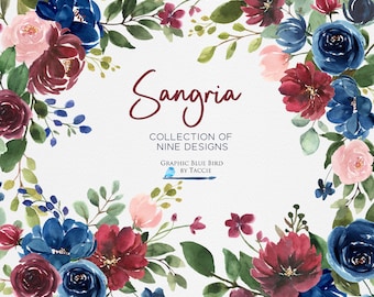 May include: Watercolor floral wreath with burgundy, pink, and blue flowers. The wreath is arranged in a circle around the text "Sangria Collection of Nine Designs Graphic Blue Bird by Taccie".