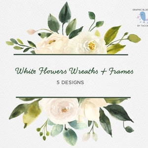 White Flower Wreaths and White Floral Frames, White Roses and Greenery, White Wedding Florals, White Roses, White and Green Wedding